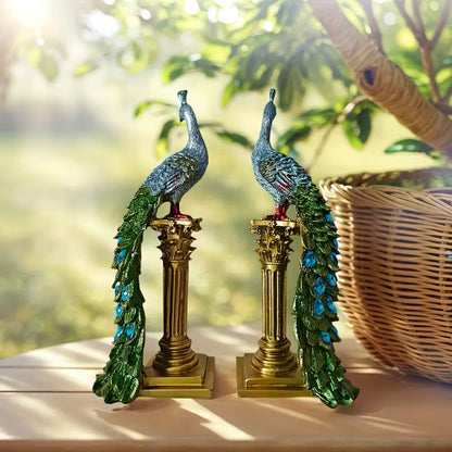 Pair of Elegant Resin Peacock Figurines with Gold Accents – Indoor & Outdoor Decor