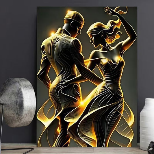 Golden Dancing Couple Canvas Print – Modern Romantic Wall Art