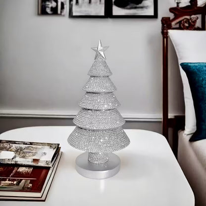 Silver Beaded Christmas Tree Statue – Festive Resin Tabletop Decor