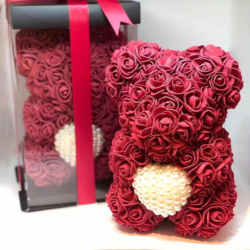 Artificial Rose Flower Bear – Pearl Heart Eternal Rose Gift (No Box)