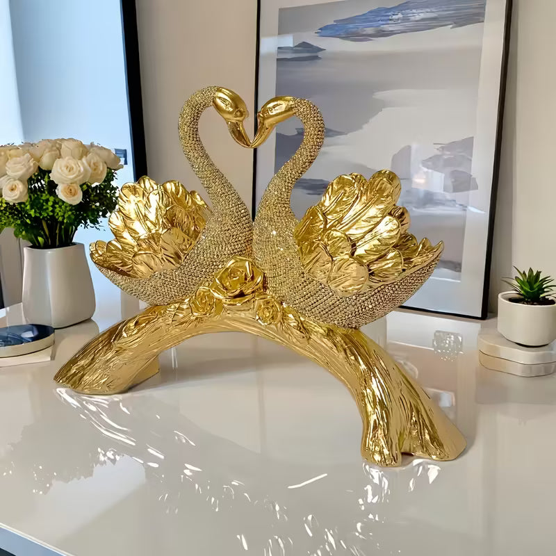 Golden Double Swan Figurine – Diamond & Rose Accented Resin Decor, Elegant Gift