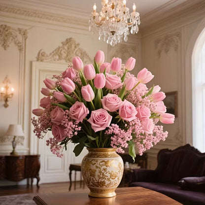 38pcs Artificial Rose, Tulip & Gypsophila Bouquet – Realistic Year-Round Floral Decor