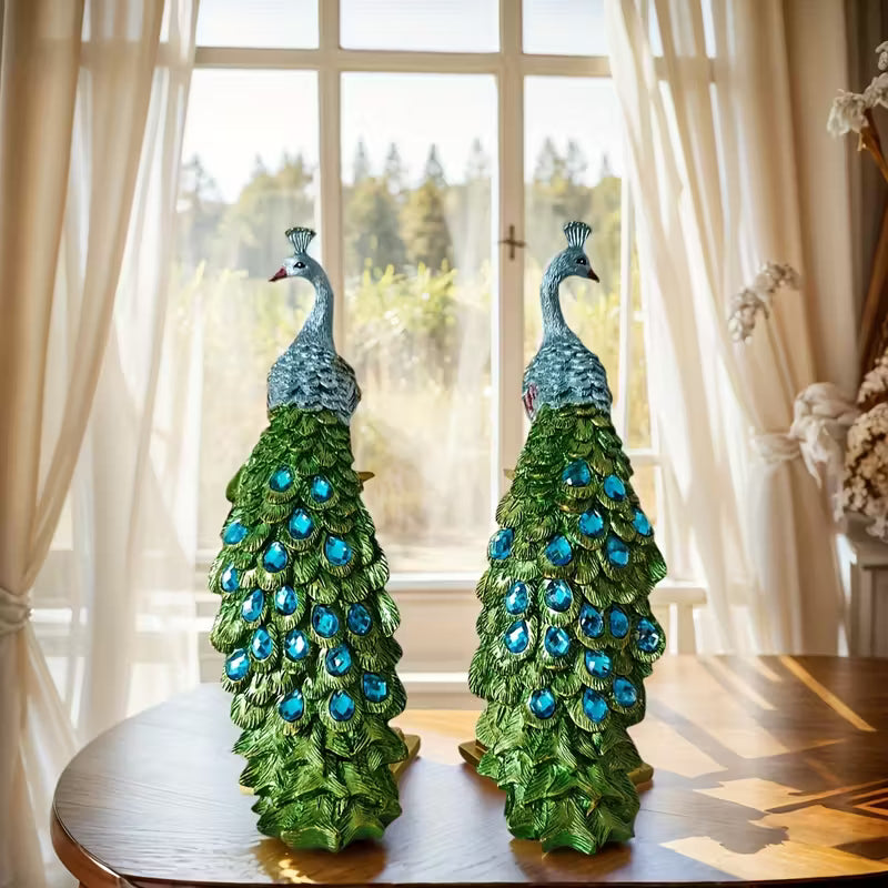 Pair of Elegant Resin Peacock Figurines with Gold Accents – Indoor & Outdoor Decor