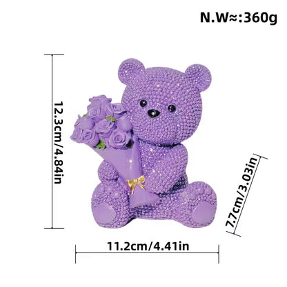 Sparkling Purple Teddy Bear with Roses – Resin Gift for Couples & Special Occasions