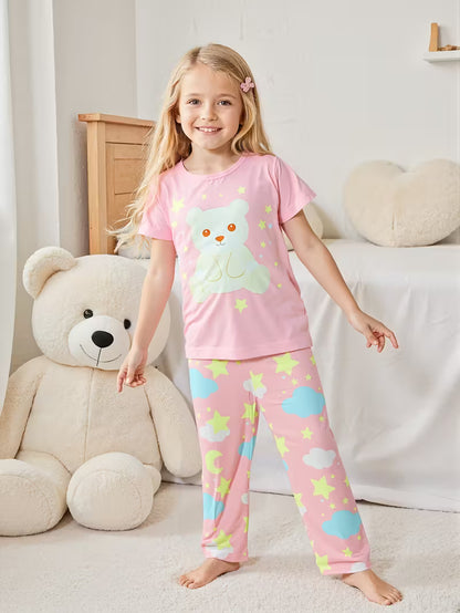 Girls Pink Bear & Moon Pajama Set – 2pcs Short Sleeve Top & Long Pants