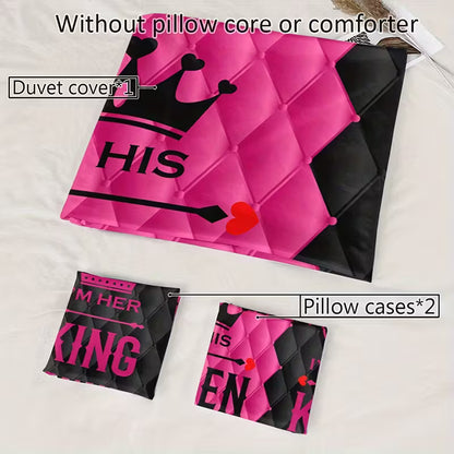 Couple King & Queen Duvet Cover Set – Pink & Black Romantic Crown Design