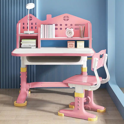 Adjustable Kids Study Desk & Chair Set – Pink Castle Design with Storage