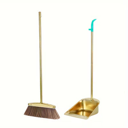 Golden Stainless Steel Broom & Dustpan Set – Upright Design with Hair Removal Feature