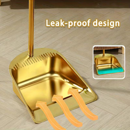 Golden Stainless Steel Broom & Dustpan Set – Upright Design with Hair Removal Feature