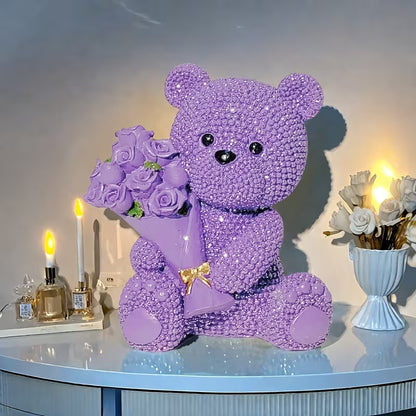 Sparkling Purple Teddy Bear with Roses – Resin Gift for Couples & Special Occasions