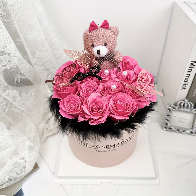 Artificial Rose in Cake-Shaped Vase with Butterfly Accent – Elegant Faux Flower Centerpiece