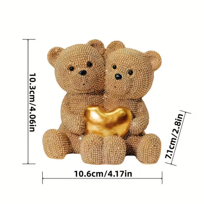 Golden Beaded Love Bear Couple Statue – Resin Home & Wedding Decor