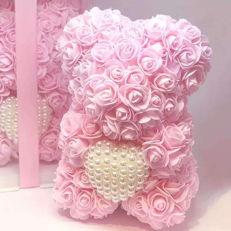 Artificial Rose Flower Bear – Pearl Heart Eternal Rose Gift (No Box)