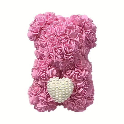 Artificial Rose Flower Bear – Pearl Heart Eternal Rose Gift (No Box)
