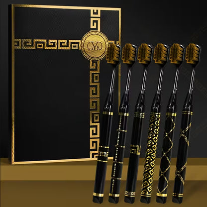 6pcs Soft-Bristle Toothbrush Set – Black & Gold Travel Gift Box Edition