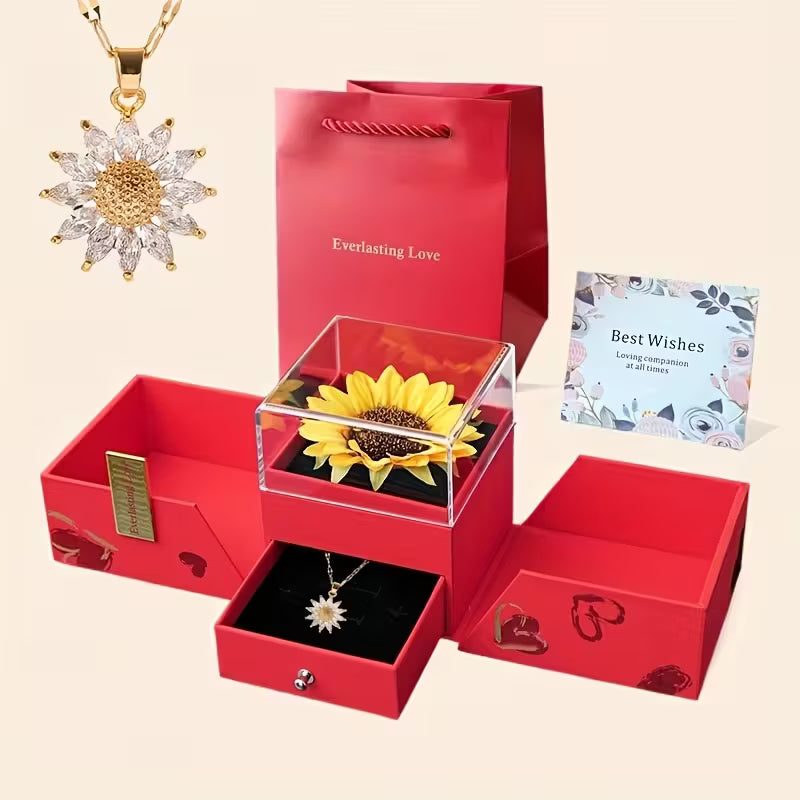 Red Acrylic Sunflower Jewelry Gift Box with Clear Window – Secure Closure