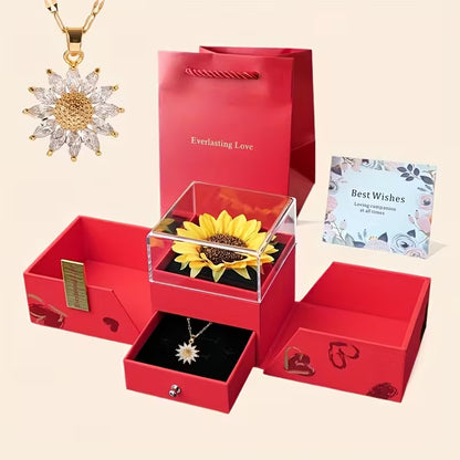 Red Acrylic Sunflower Jewelry Gift Box with Clear Window – Secure Closure