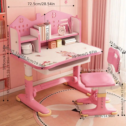 Adjustable Kids Study Desk & Chair Set – Pink Castle Design with Storage