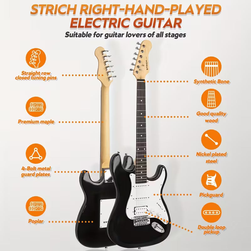 STRICH 39" Electric Guitar Kit – Full Set with Amp & Accessories (Black)
