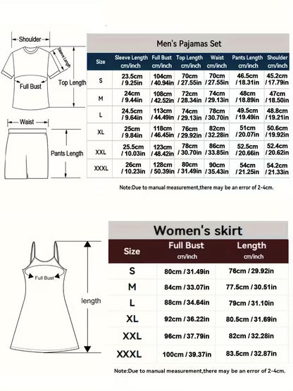 Couple Pajama Set – Men’s Shirt & Shorts + Women’s Camisole Nightdress, Soft & Breathable Fabric