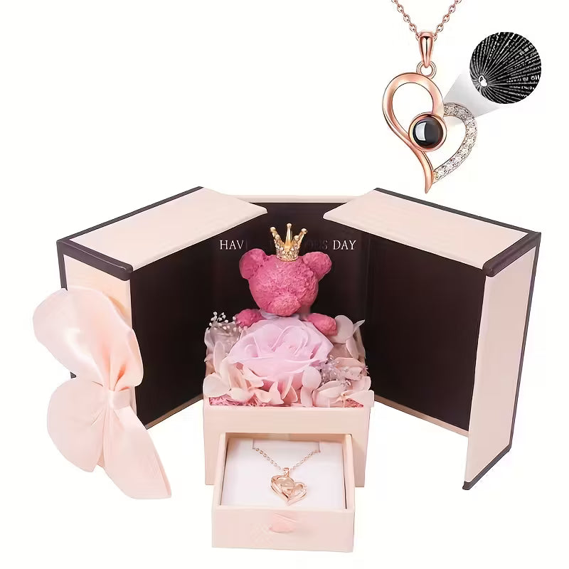 Rose Bear Gift Box with 'I Love You' Projection Pendant Necklace – Elegant Gift for Her