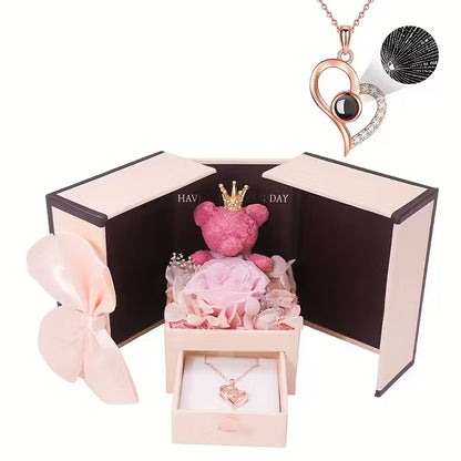 Rose Bear Gift Box with 'I Love You' Projection Pendant Necklace – Elegant Gift for Her