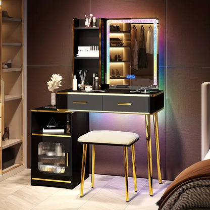 RGB LED Vanity Desk Set with Mirror & Charging Station – Black with Gold Accents