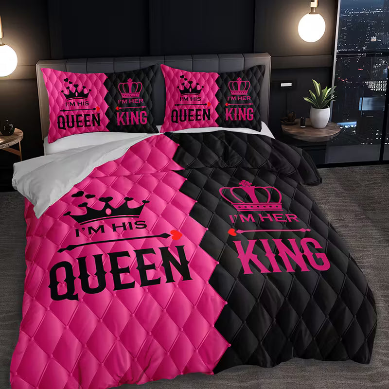 Couple King & Queen Duvet Cover Set – Pink & Black Romantic Crown Design