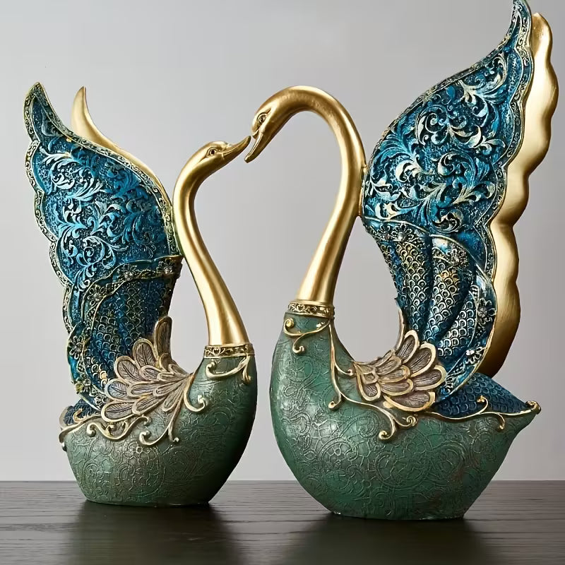 Hand-Painted Couple Swan Resin Ornaments – Romantic Home & Office Decor