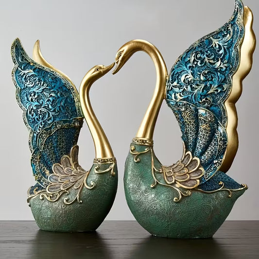 Hand-Painted Couple Swan Resin Ornaments – Romantic Home & Office Decor