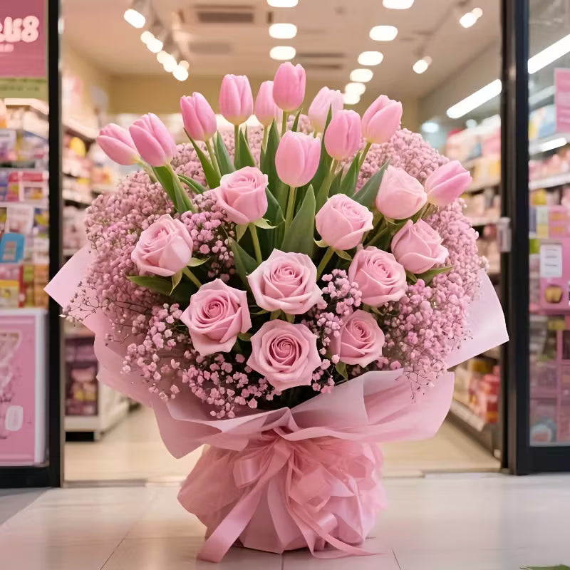 38pcs Artificial Rose, Tulip & Gypsophila Bouquet – Realistic Year-Round Floral Decor