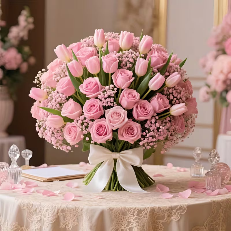 38pcs Artificial Rose, Tulip & Gypsophila Bouquet – Realistic Year-Round Floral Decor