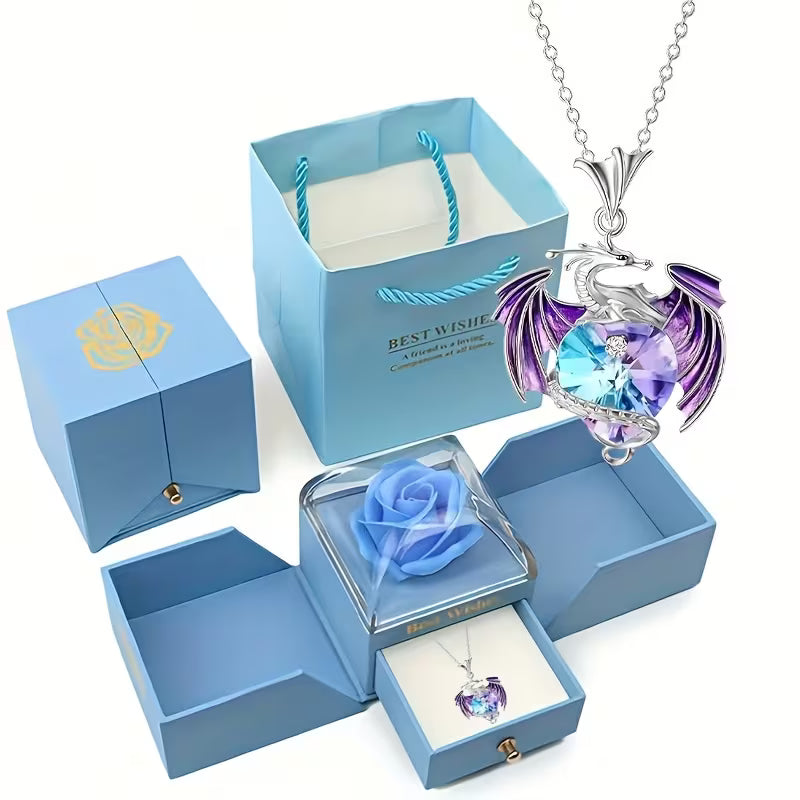 Elegant Dragon Pendant Necklace with Blue Rose Gift Box – Stylish Alloy Jewelry for Her