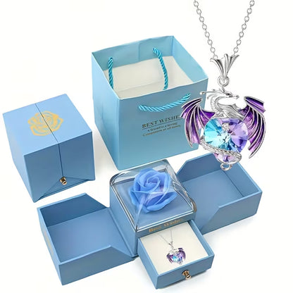 Elegant Dragon Pendant Necklace with Blue Rose Gift Box – Stylish Alloy Jewelry for Her