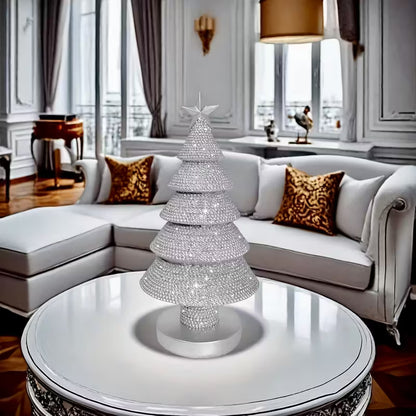 Silver Beaded Christmas Tree Statue – Festive Resin Tabletop Decor