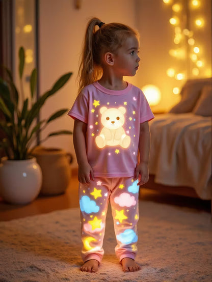 Girls Pink Bear & Moon Pajama Set – 2pcs Short Sleeve Top & Long Pants
