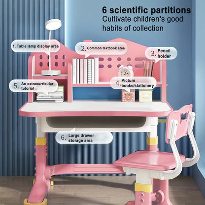 Adjustable Kids Study Desk & Chair Set – Pink Castle Design with Storage