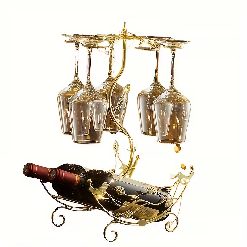 Golden Wine Rack with Glass Holder – Holds 2 Bottles & 6 Glasses
