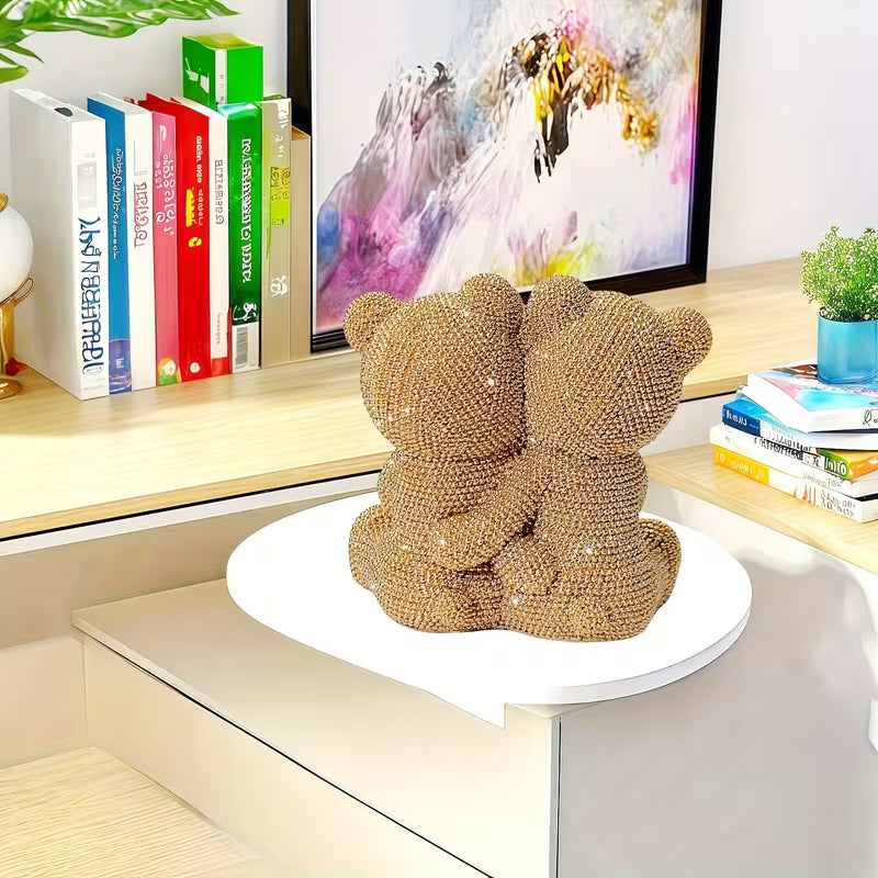 Golden Beaded Love Bear Couple Statue – Resin Home & Wedding Decor