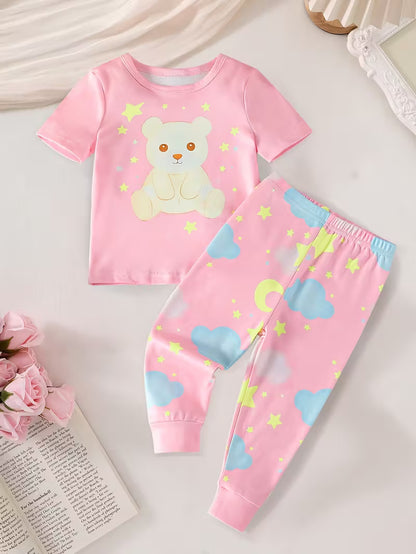 Girls Pink Bear & Moon Pajama Set – 2pcs Short Sleeve Top & Long Pants