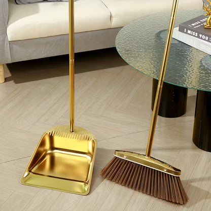 Golden Stainless Steel Broom & Dustpan Set – Upright Design with Hair Removal Feature