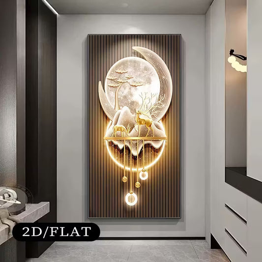 Modern Moonlit Landscape Wall Mural with Gold Accents