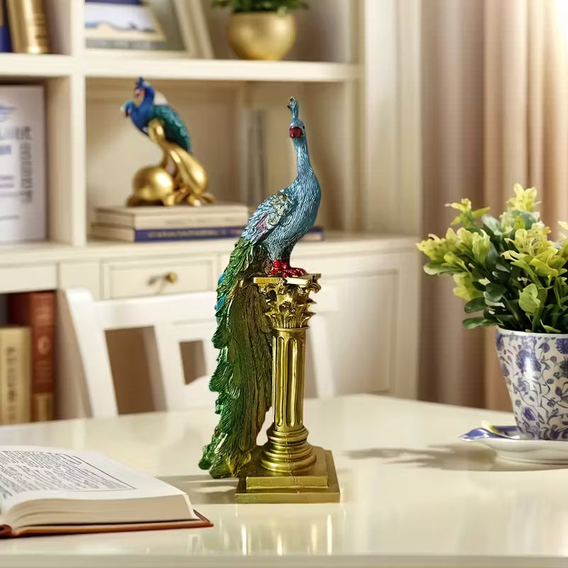 Pair of Elegant Resin Peacock Figurines with Gold Accents – Indoor & Outdoor Decor
