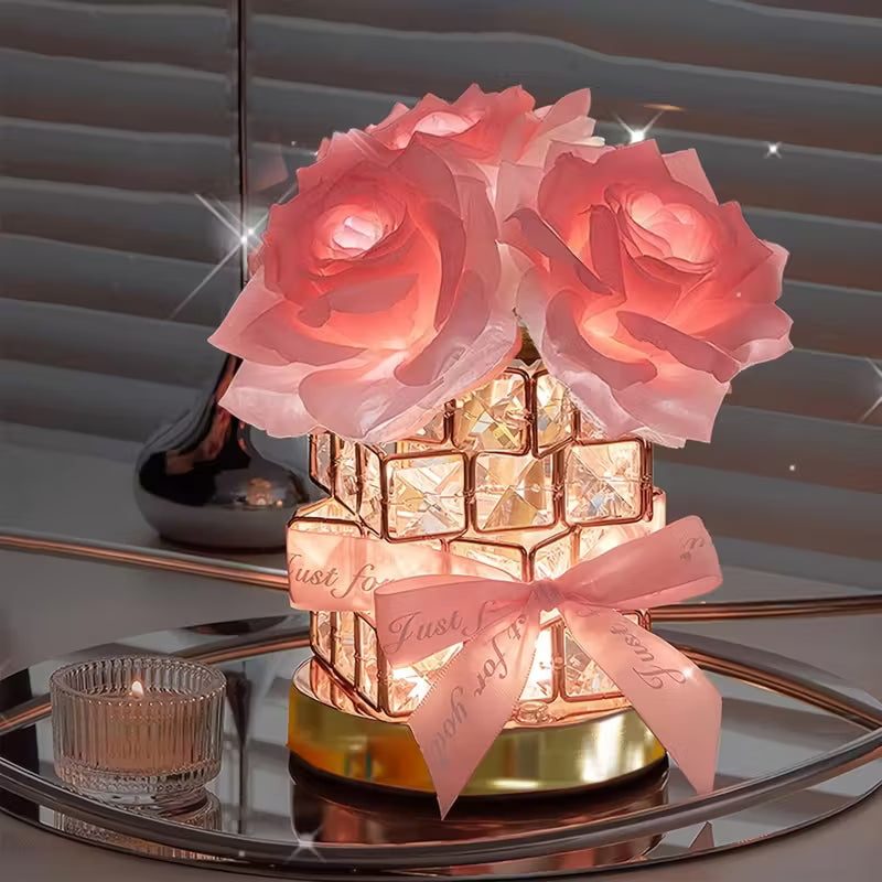 USB LED Rose Lamp – 3-Color Dimmable Light with Crystal Base & Heart Ribbon