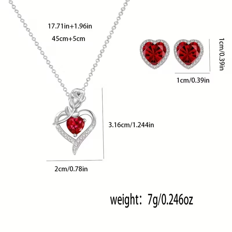 Elegant Rose Flower Gift Box Set – Heart Necklace & Earrings for Her