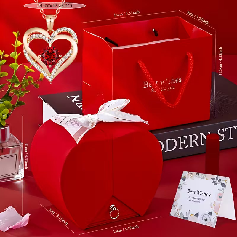 Elegant Red Rose & Heart Pendant Necklace with Gift Box – Romantic Jewelry Gift