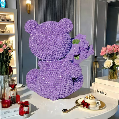 Sparkling Purple Teddy Bear with Roses – Resin Gift for Couples & Special Occasions