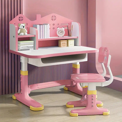 Adjustable Kids Study Desk & Chair Set – Pink Castle Design with Storage