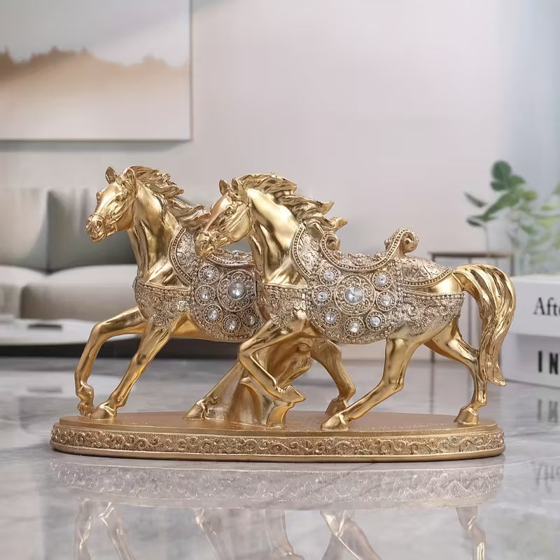 Luxury Golden Double Horse Statue – Crystal Resin Sculpture for Home & Office
