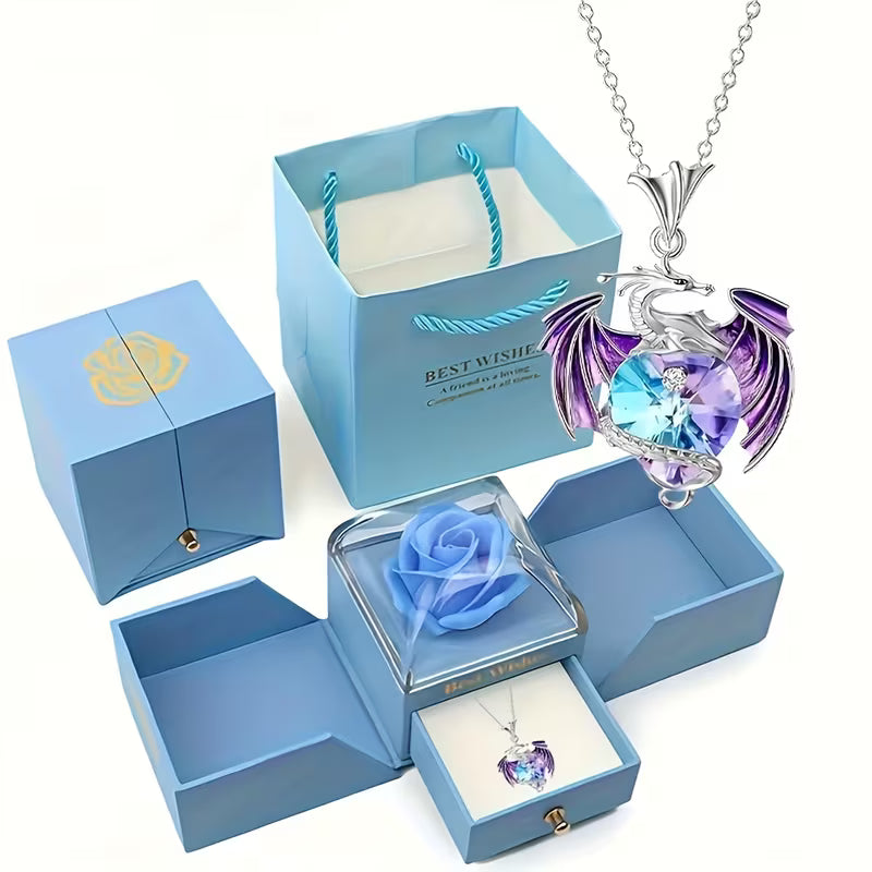Elegant Dragon Pendant Necklace with Blue Rose Gift Box – Stylish Alloy Jewelry for Her